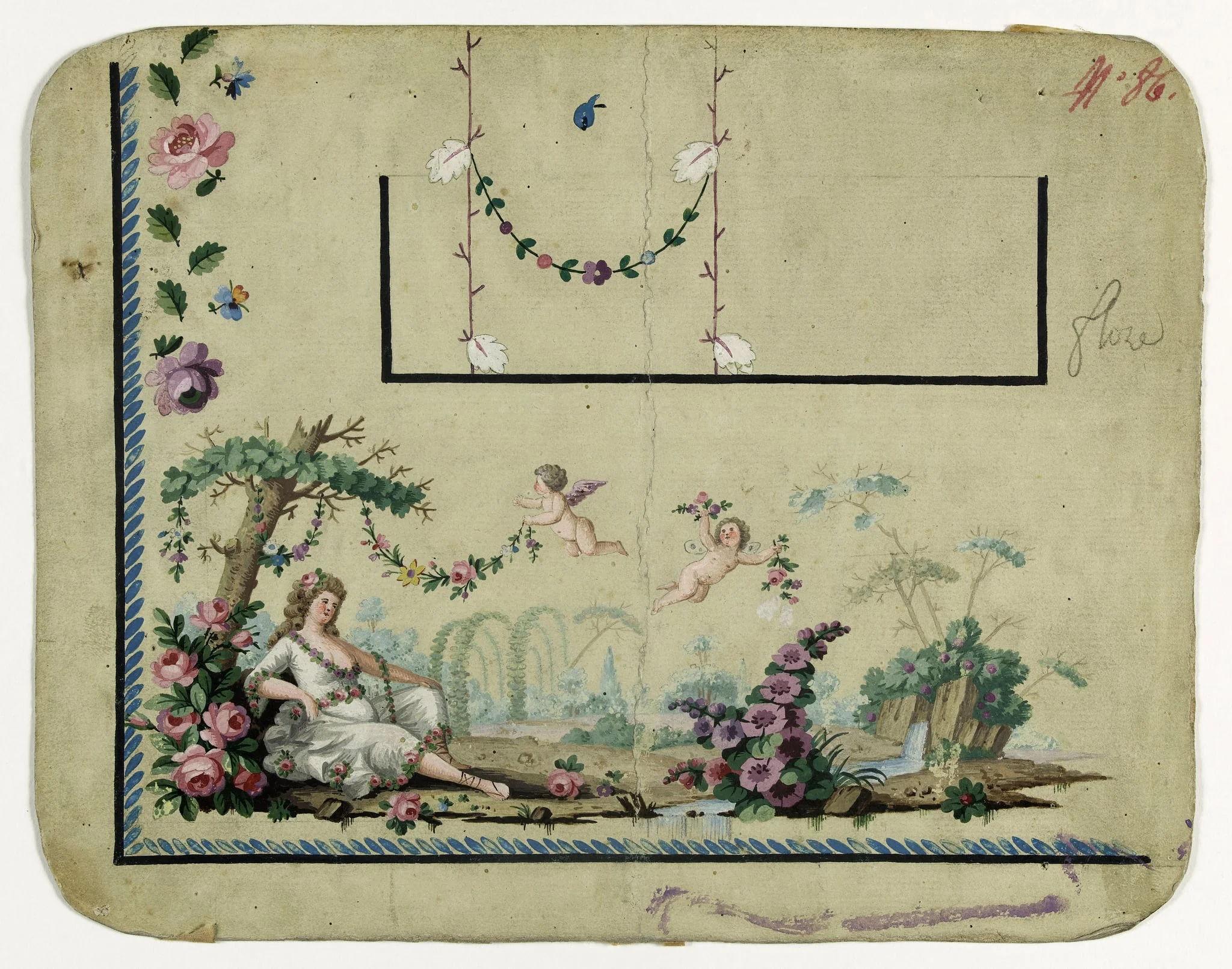 Gilet décor la déesse Flore dans un paysage, projets de broderies de gilet, XVIIIème siècle, by Anonyme, 1785