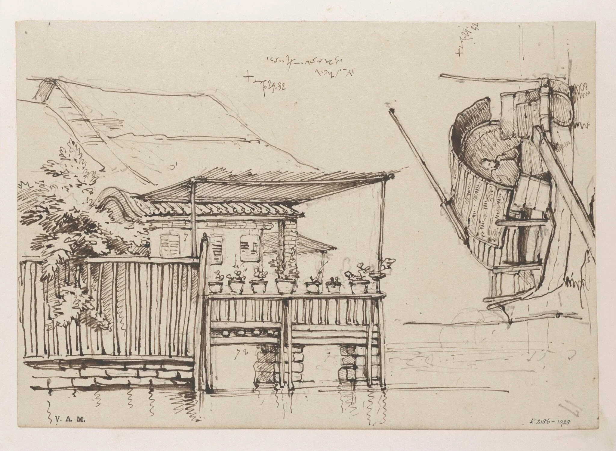A waterside house with potted plants along its balcony, and a Tanka boat, by George Chinnery, 20