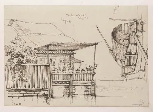 A waterside house with potted plants along its balcony, and a Tanka boat