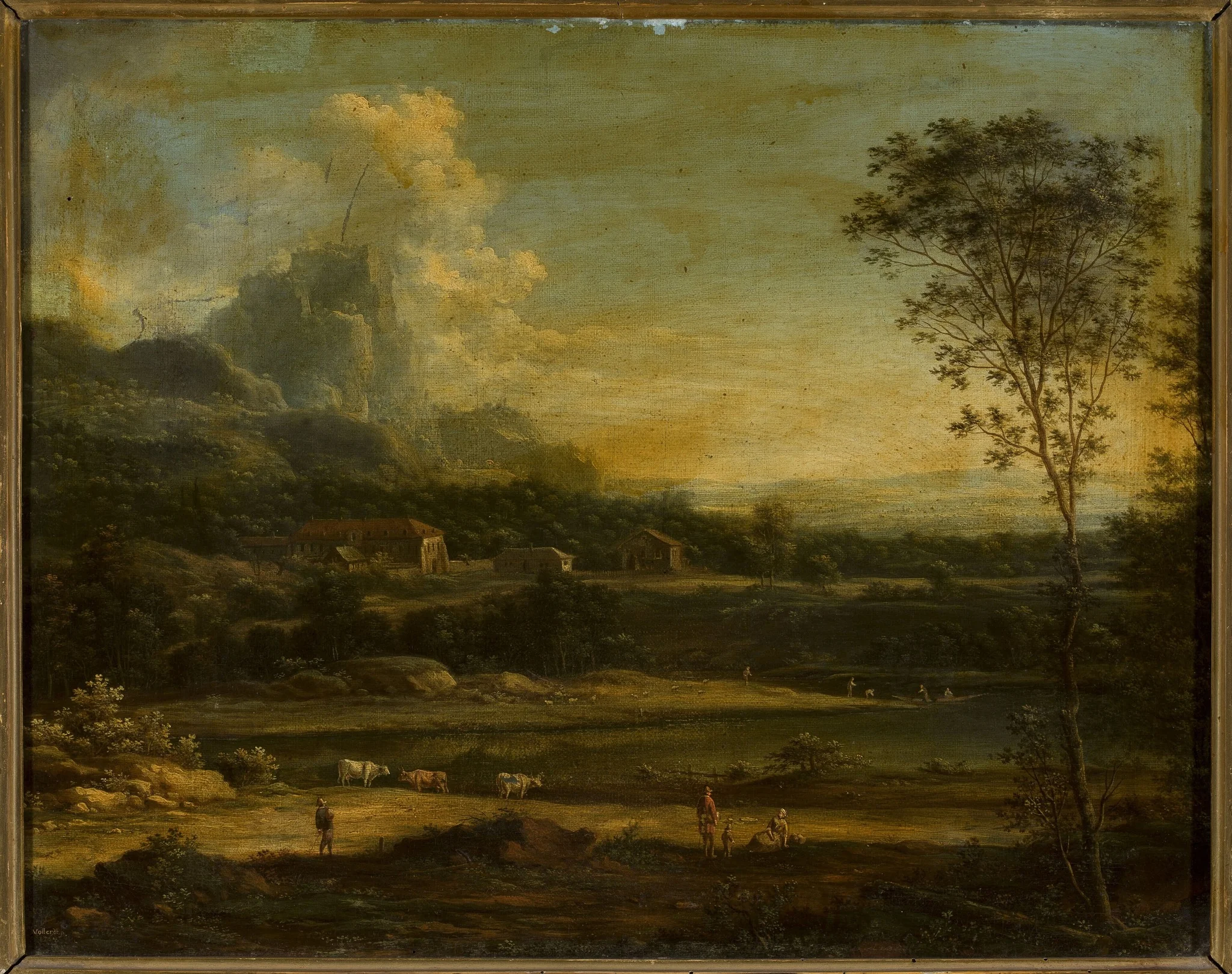 Mountain landscape with a lake and buildings
