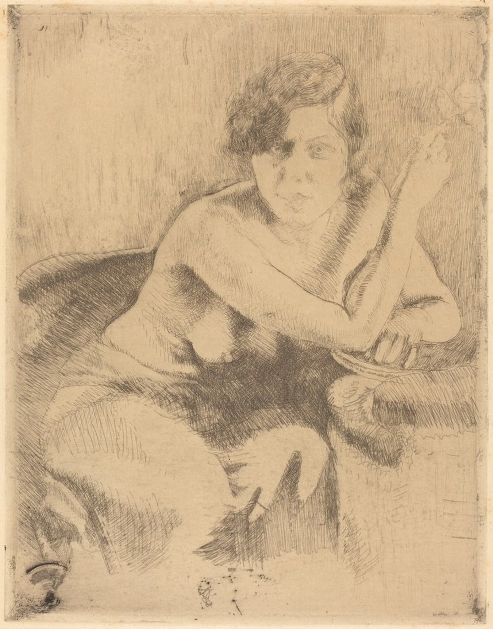 Seated Nude with a Cigarette, by Paul-Albert Besnard, ink, 1892