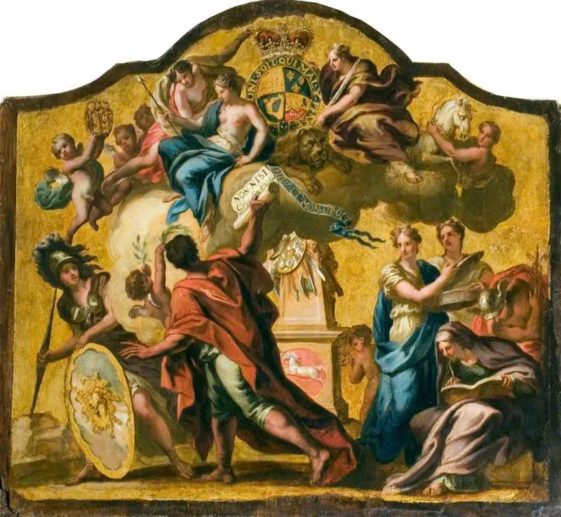 Allegorical Figures: Clemency, Prudence and Justice with Pallas, Heroic Poetry, Liberty, Discretion, History and Mercury (from the Royal State Coach for George I)