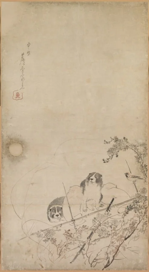 Puppies, Sparrows, and Chrysanthemums, by Nagasawa Rosetsu, unspecified, 1793