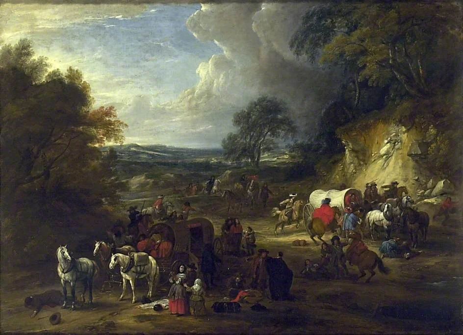 Landscape with Bandits attacking a Convoy of Travellers, by Adam Frans van der Meulen, oil, 1671