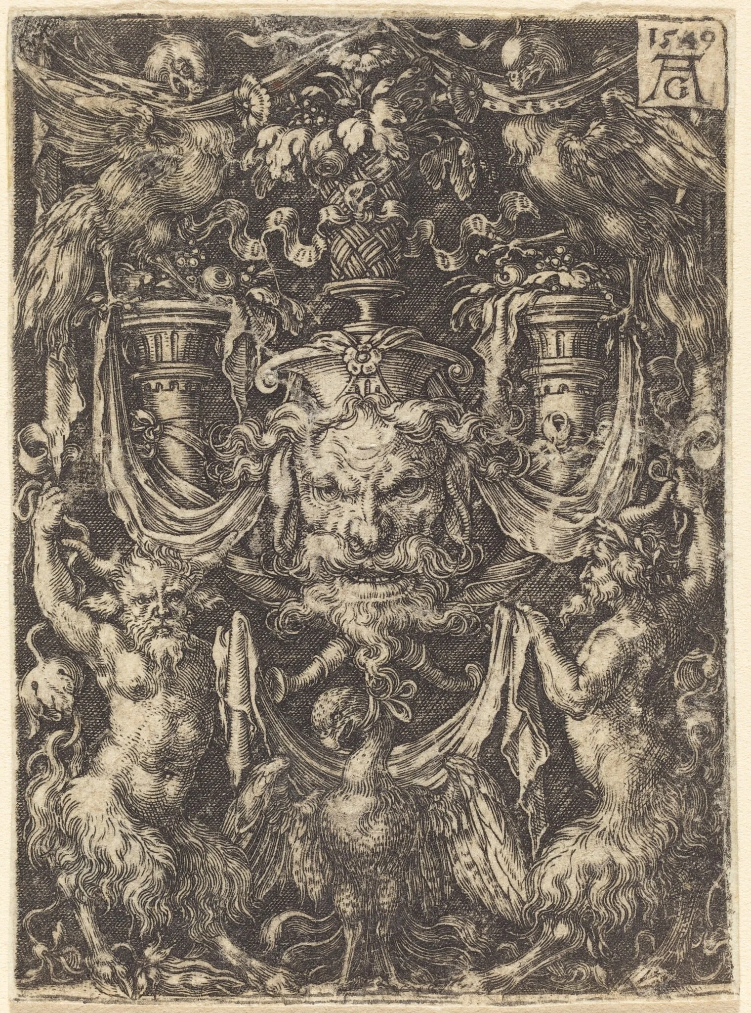 Ornament with Mask, Eagle between Satyrs Below, by Heinrich Aldegrever, ink, 1549