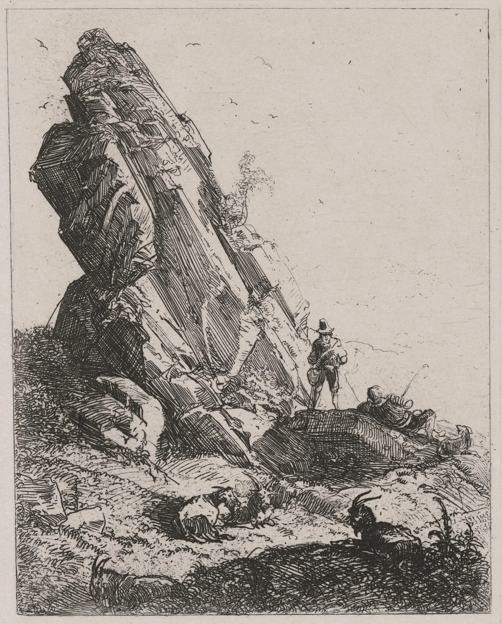 Rock Outcrop with Shepherds and Goats, by Caspar Johann Nepomuk Scheuren, ink, 1842