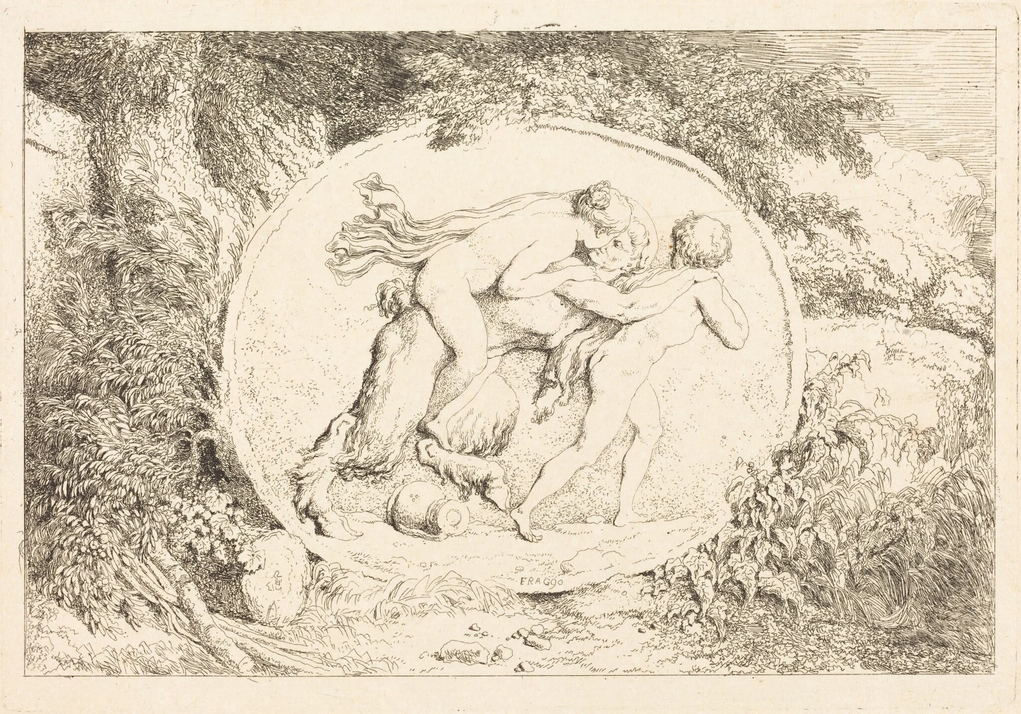 Nymph Astride a Satyr (Jeune fille a califourchon sur un satyre), by Jean Honoré Fragonard, ink, 1763