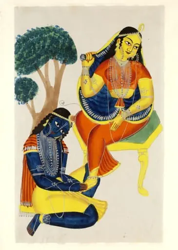 Krishna kneeling at Radha's feet