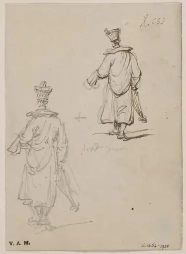 Two drawings of a priest seen from behind