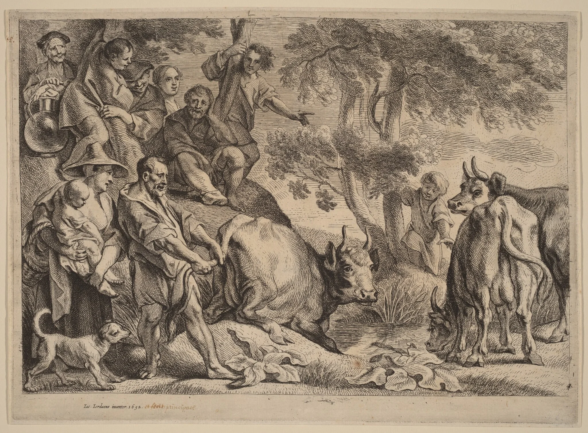 Thus the Master Pulls the Cow out of the Well by its Tail, by Remoldus Eynhoudts, ink, 1652