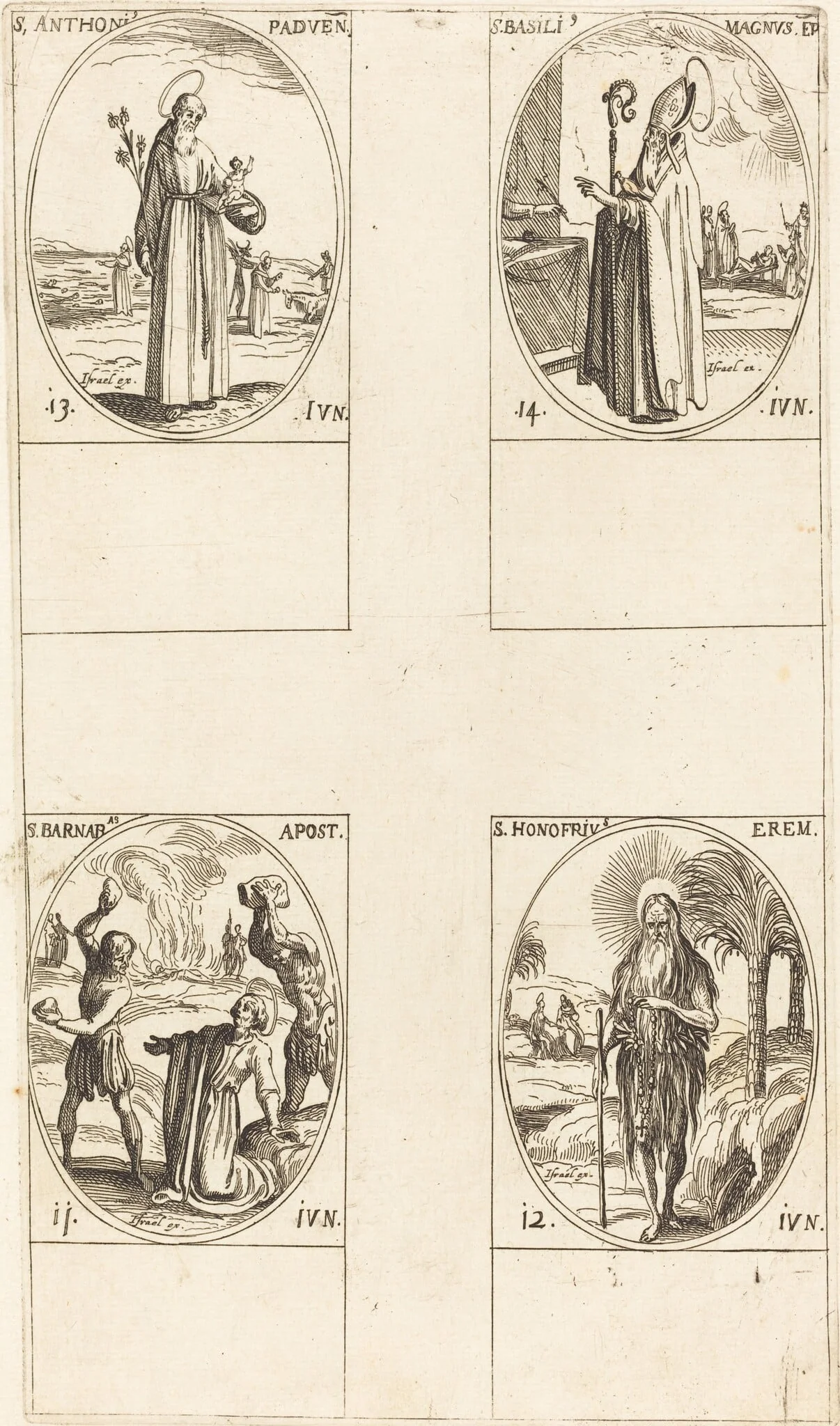 St. Barnabas, Apostle; St. Honofrius; St. Anthony of Padua; St. Basil the Great, by Jacques Callot, ink, 1634