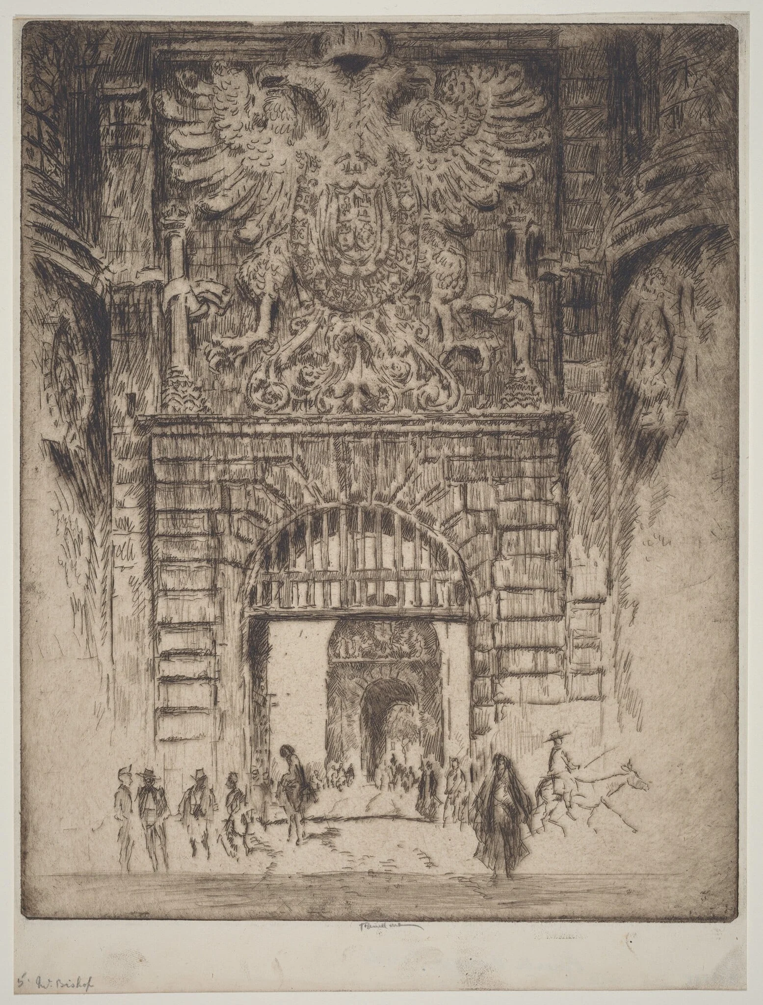 Puerta Visagara, Gate of Madrid, Toledo, by Joseph Pennell, ink, 1904