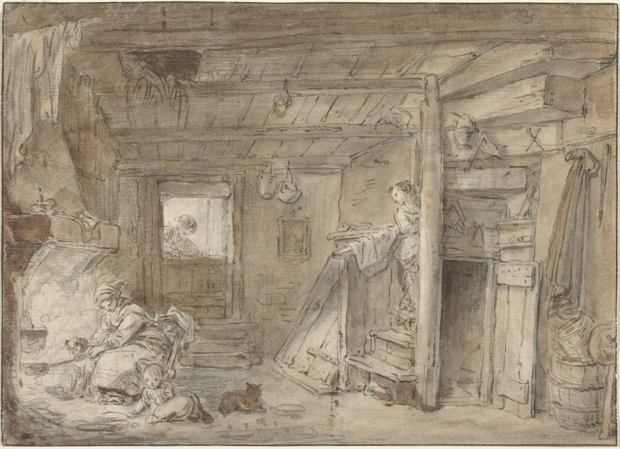 Interior of a Farmhouse with Figures, by Hubert Robert, ink, 1701
