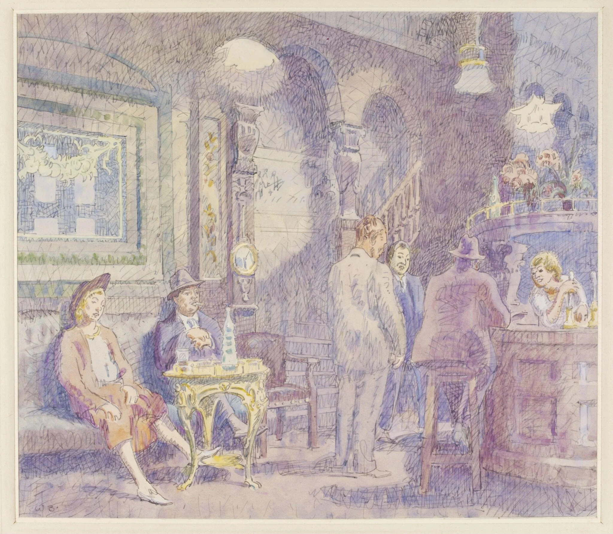 Saloon Bar, Blue Posts, Tottenham Court Road, St. Pancras, by Bayes, watercolor, 1940