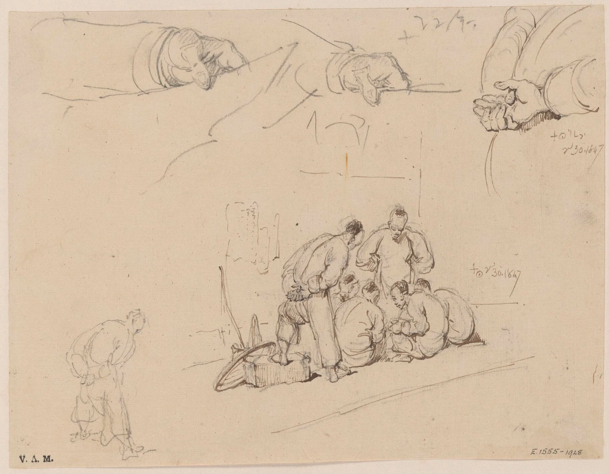 Drawings of a group of Chinese men, clasped hands, and a hand holding paper