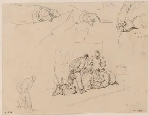 Drawings of a group of Chinese men, clasped hands, and a hand holding paper