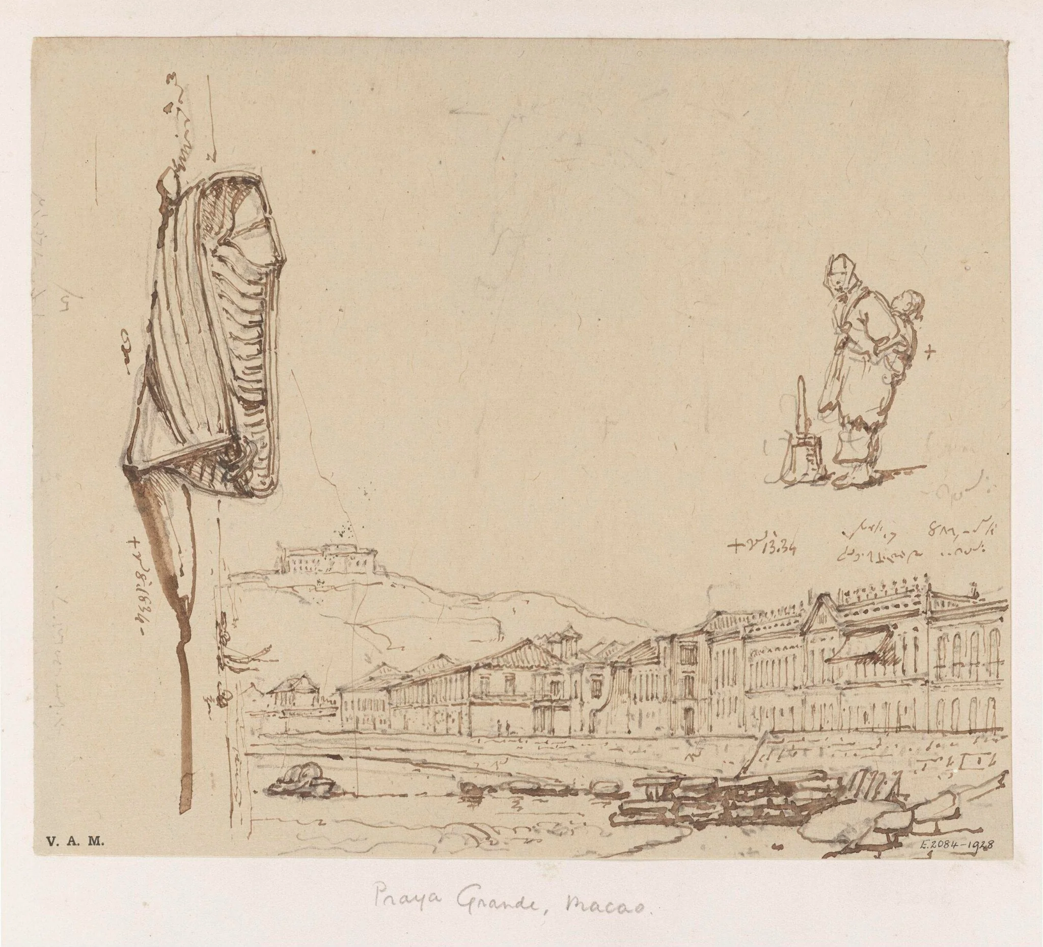 The Praya Grande, Macau, with studies of a boatwoman and a rowing boat, by George Chinnery, 6