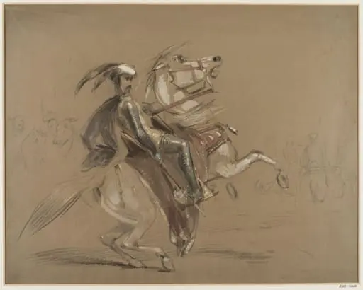A knight in armour on a rearing horse, with other riders in the background
