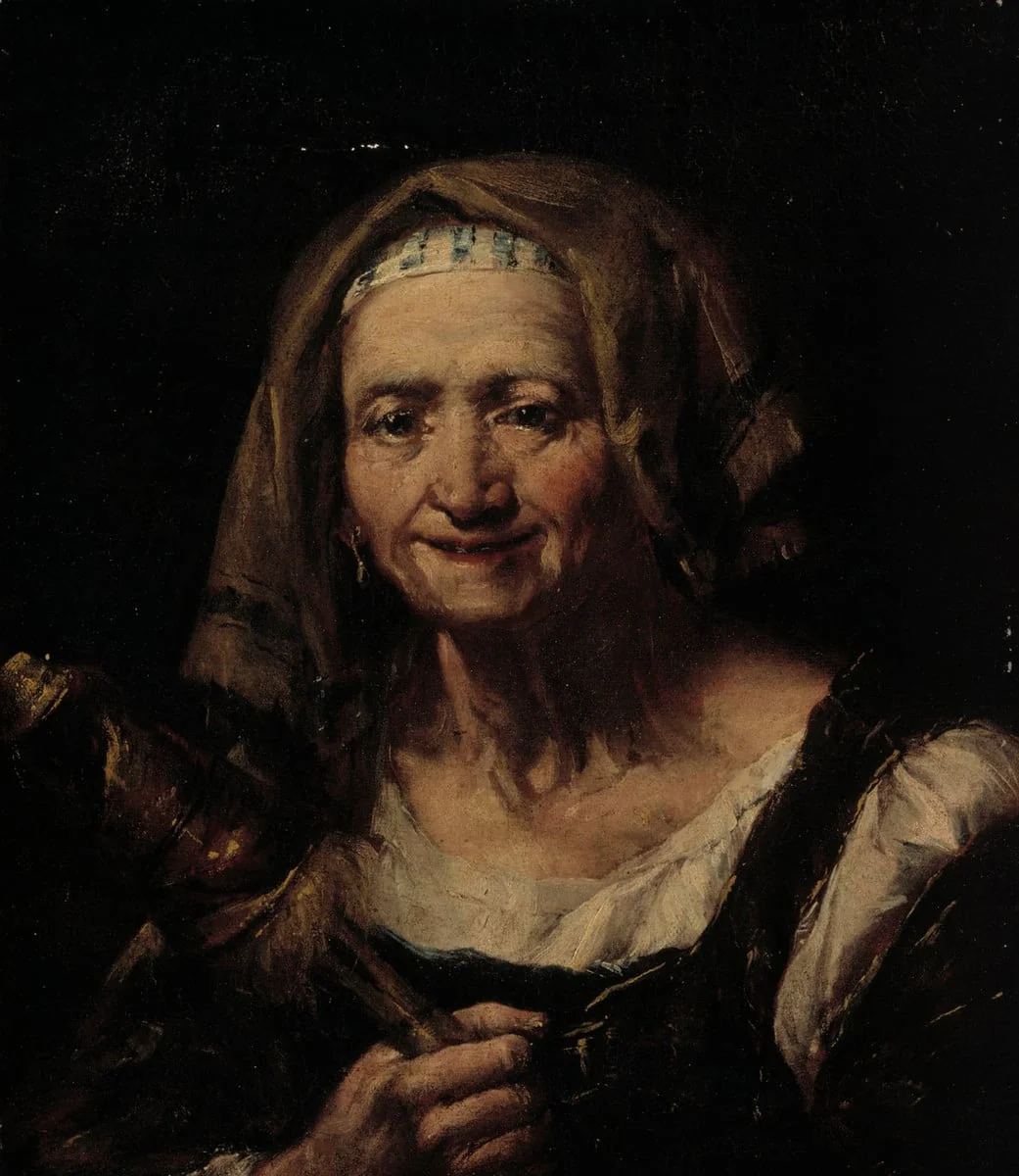 Vanha nainen ja värttinä, by Giuseppe Nogari, unspecified, 1753
