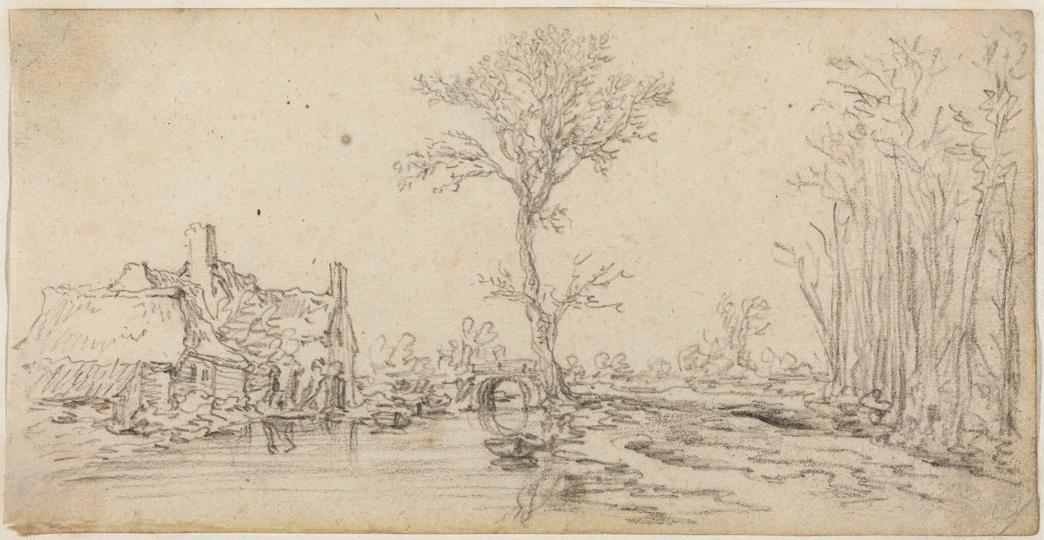 Cottage by a River, by Jan van Goyen, chalk, 1628