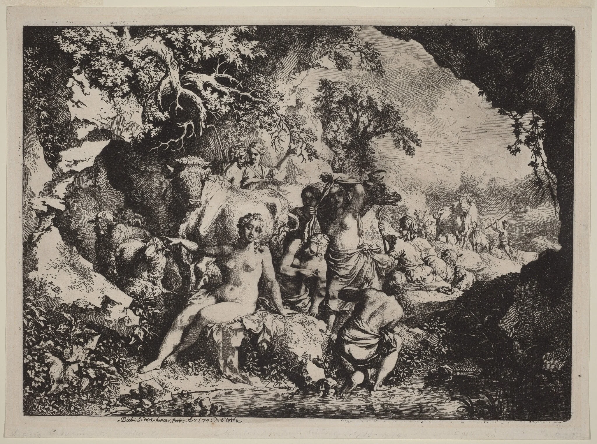 Nymphs Bathing in a Cave, by Christian Wilhelm Ernst Dietrich, ink, 1741
