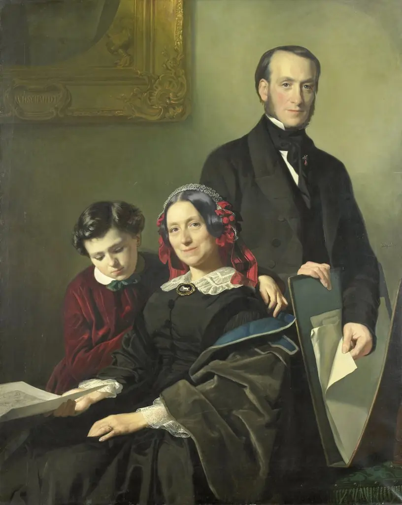 Mrs A J Schmidt Keiser, widow of the painter Willem Hendrik Schmidt (1809-49), the teacher of Jacob Rinse with her brother Y N Keiser and her ten-year-old son