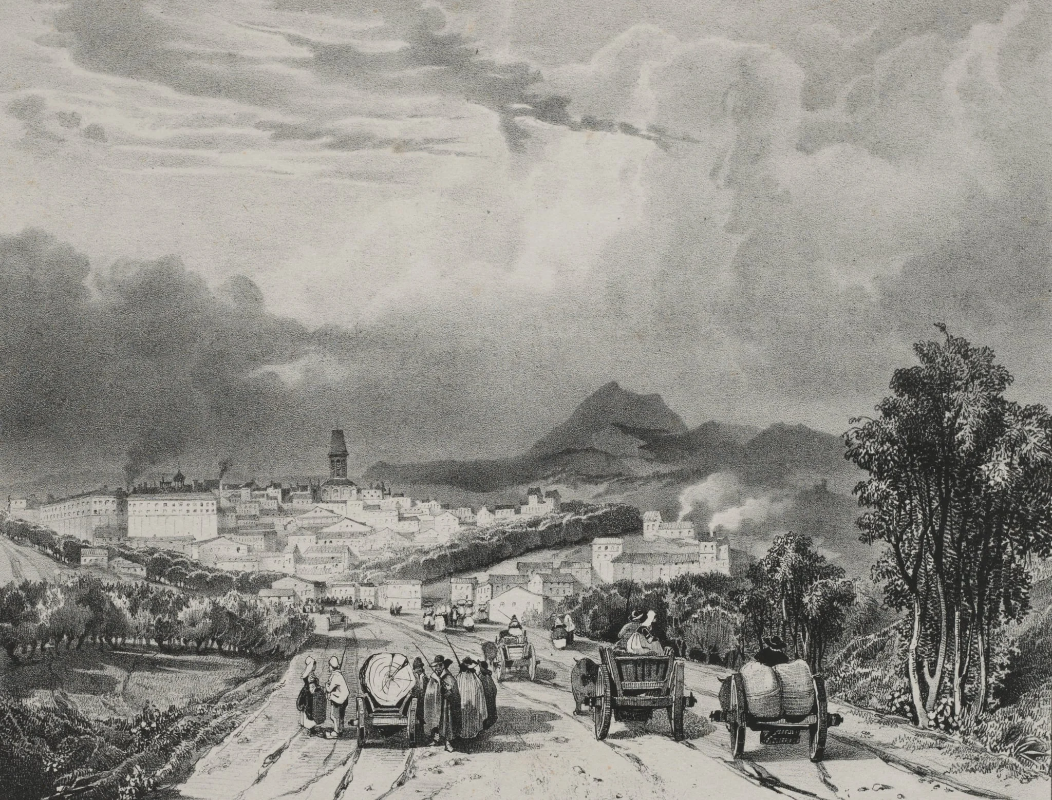 Vue generale de Riom, Auvergne, by Adrien Dauzats, 1829