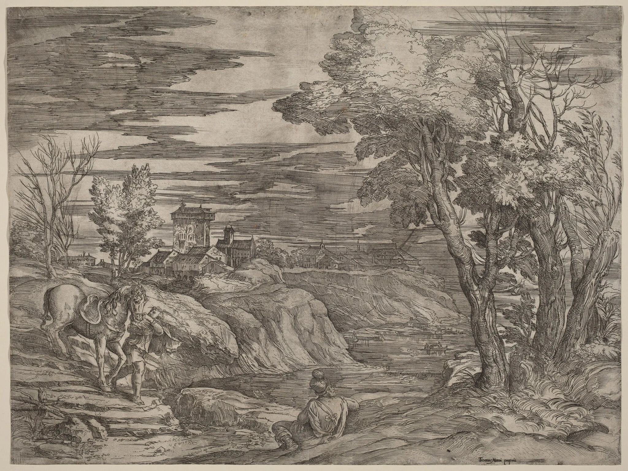 Landscape with a Man Leading a Horse, by Battista Franco, ink, 1530