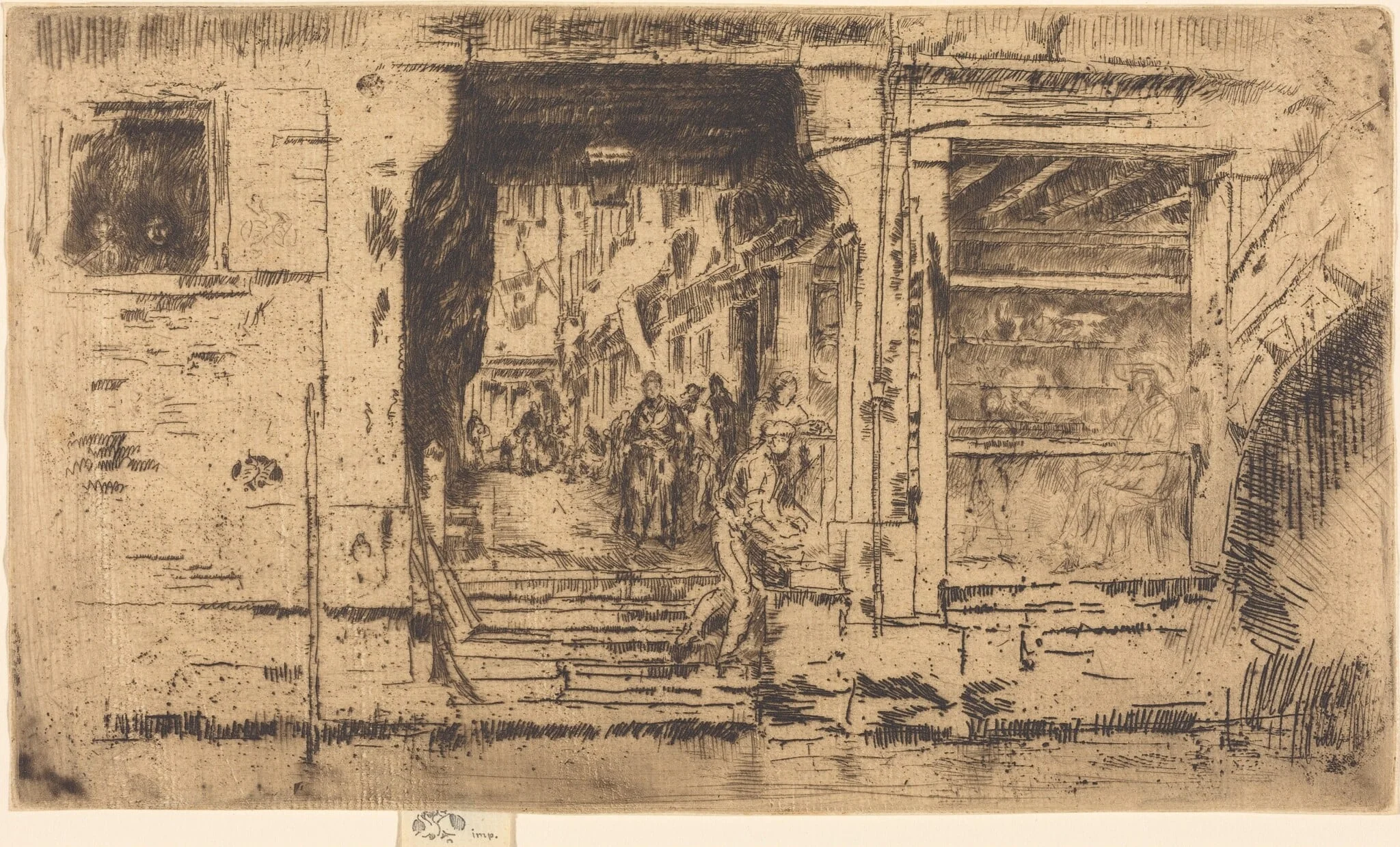 Fish-Shop, Venice, by James McNeill Whistler, ink, 1880