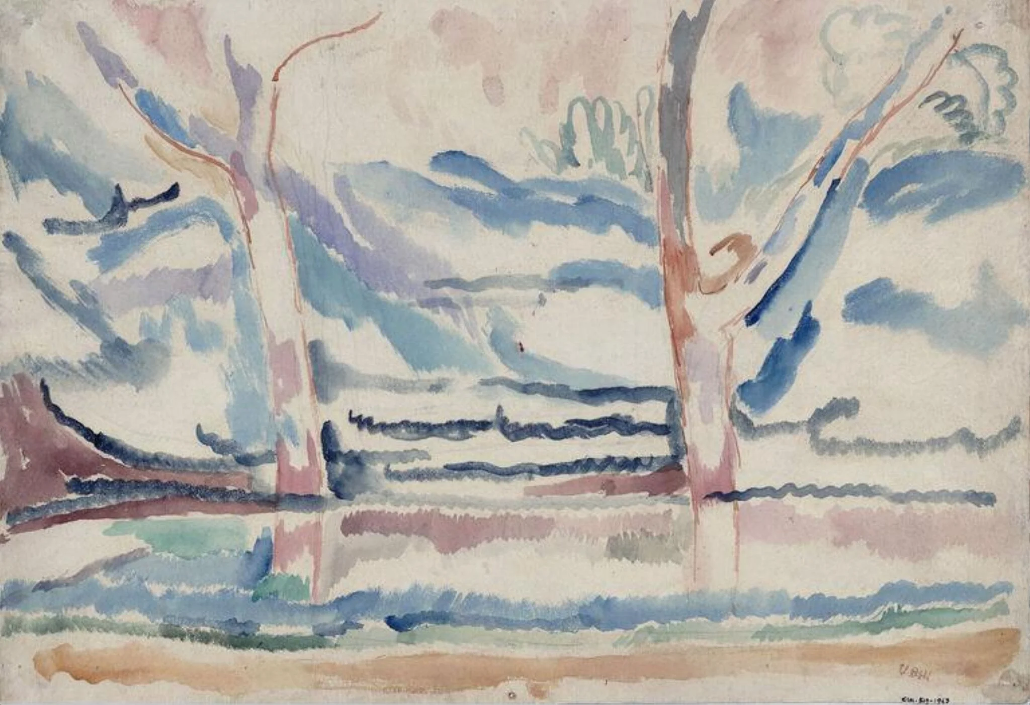 Landscape, Trees by a Pond, by Vanessa Bell, watercolor, 1915