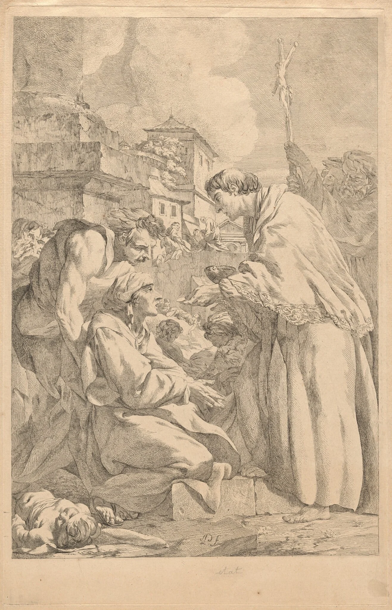 Saint Charles Borromeo Distributing Communion to the Victims of the Plague of 1576 in Milan, by Jean-Baptiste-Marie Pierre, ink, 1760