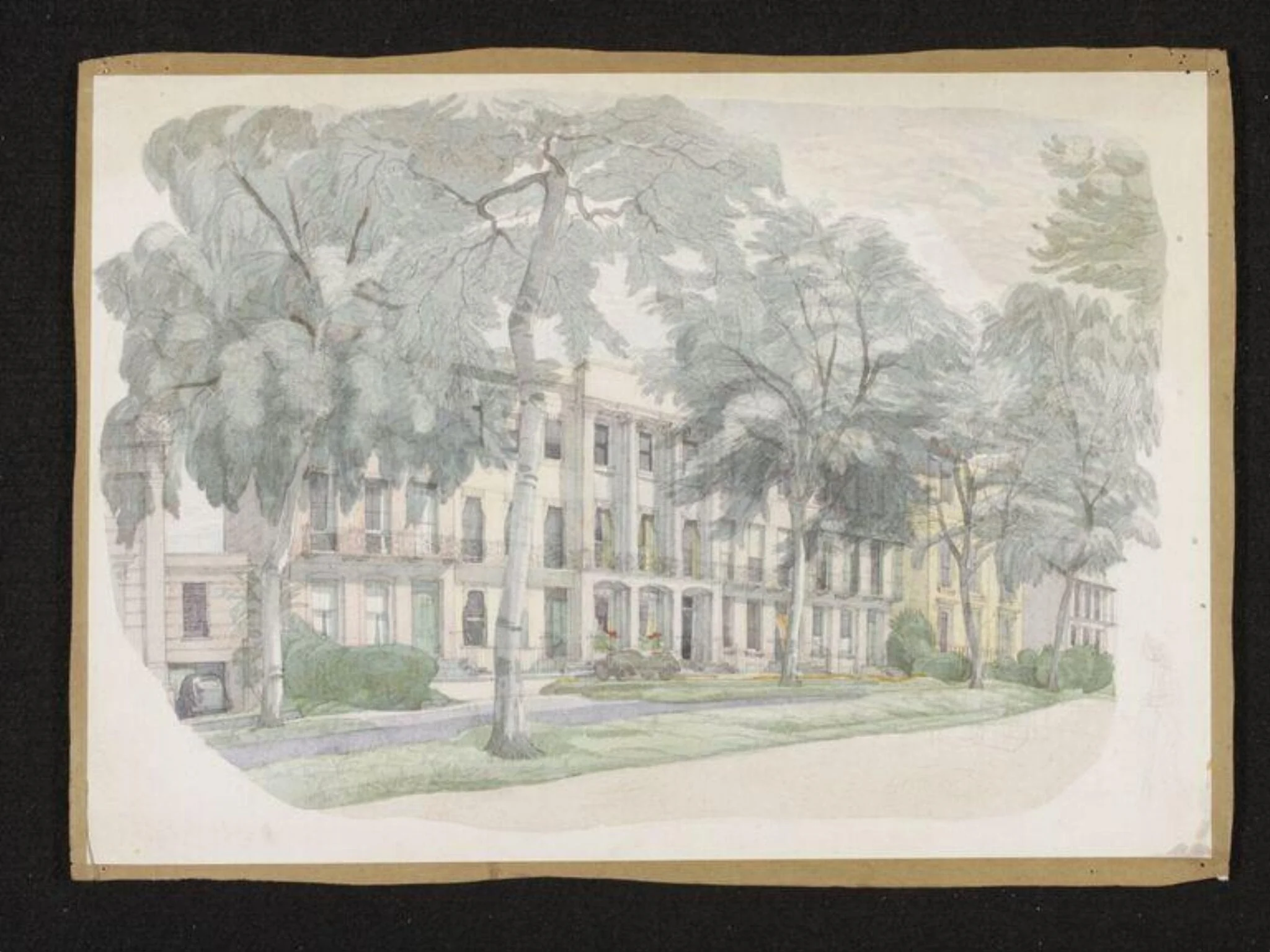 View of Regency terrace with large trees in front