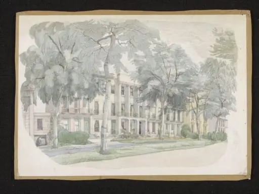 View of Regency terrace with large trees in front