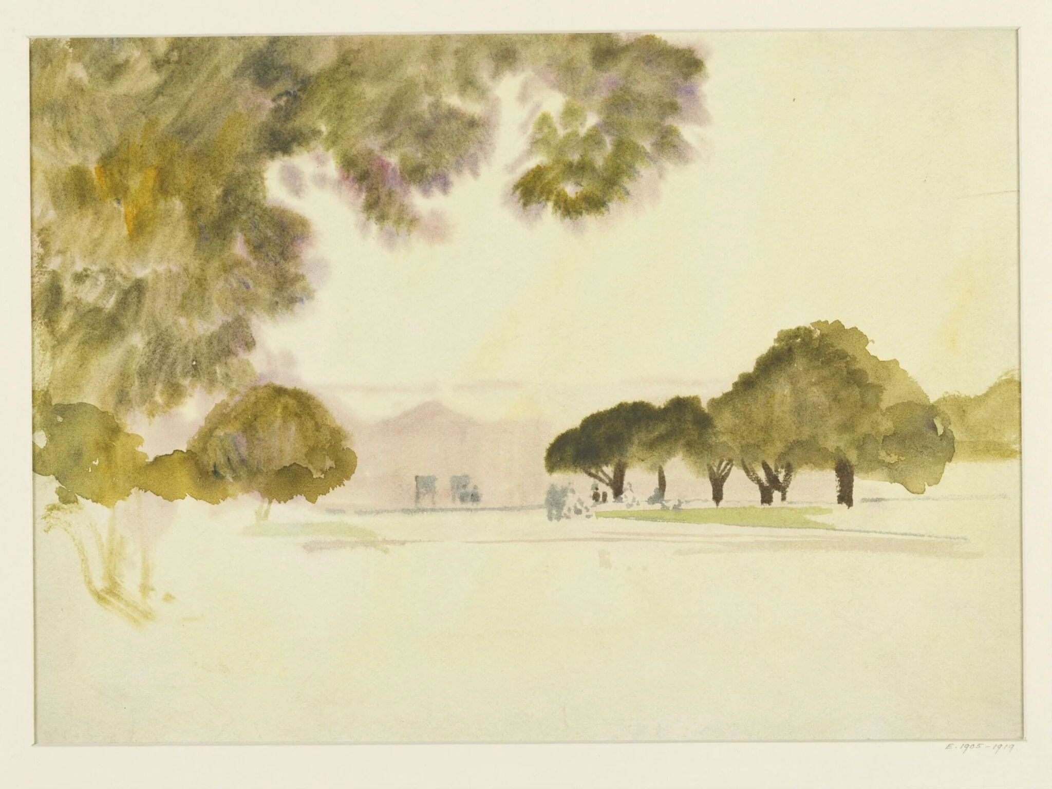 Study : lawn and trees : hills in the distance