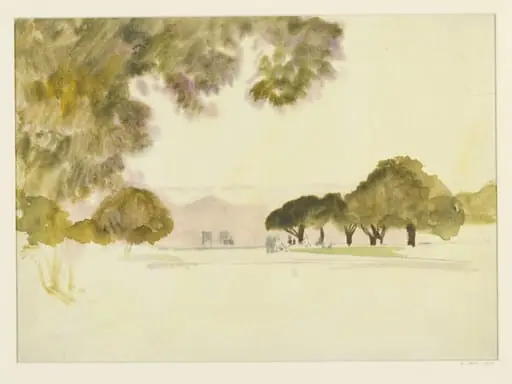 Study : lawn and trees : hills in the distance