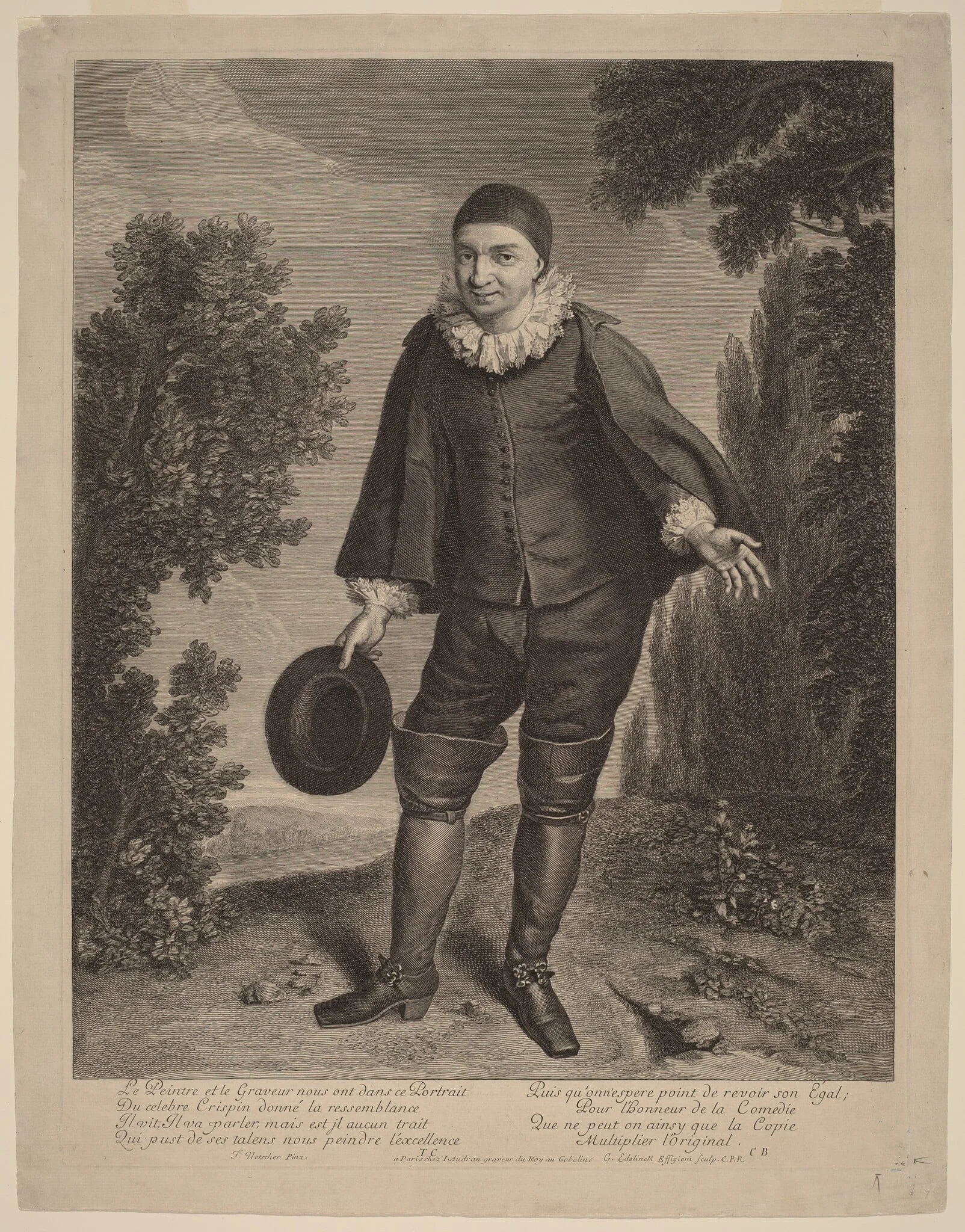 Raimond Poisson as Crispin, by Gerard Edelinck, ink, 1674