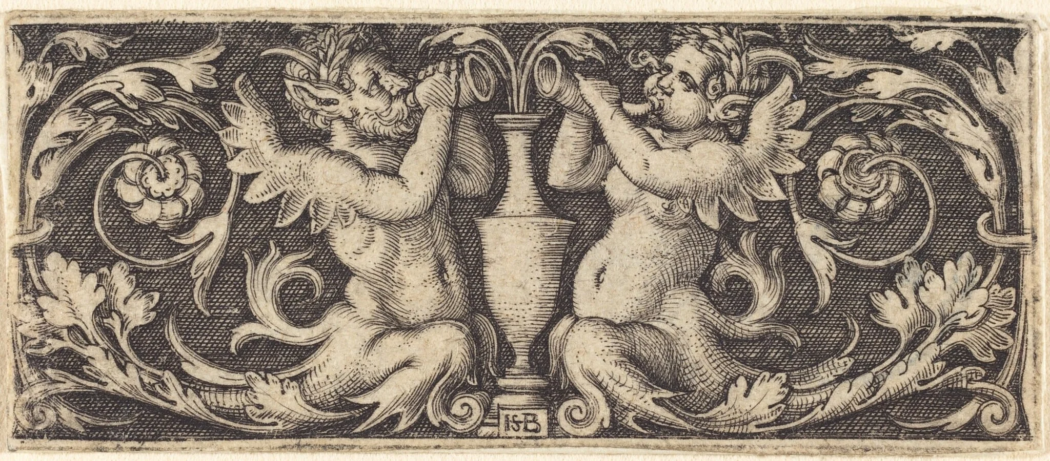 Ornament with a Couple of Tritons Blowing Horns, by Sebald Beham, ink, 1544