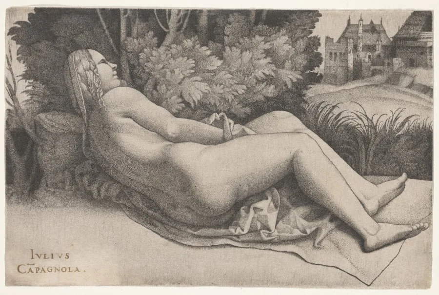 Venus Reclining in a Landscape, by Giulio Campagnola, 1508