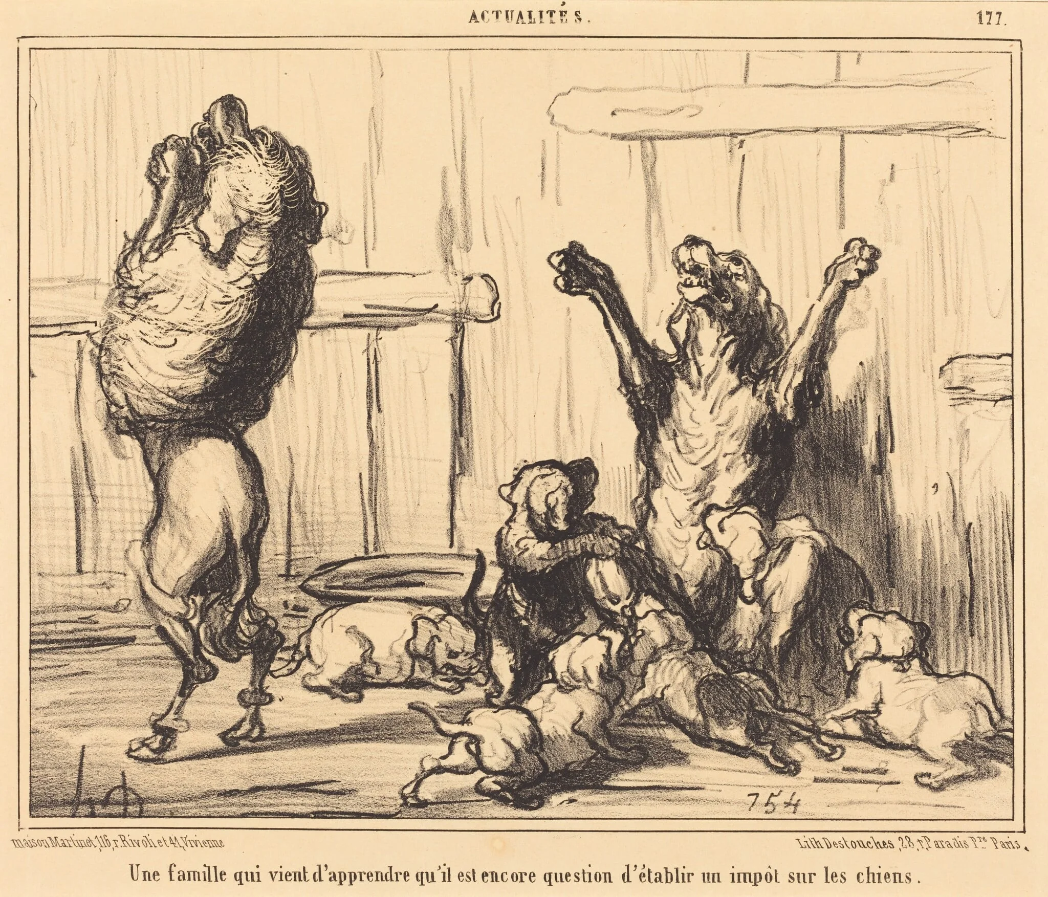 Une Famille qui vient d'apprendre...  un impot sur les chiens, by Honoré Daumier, ink, 1855