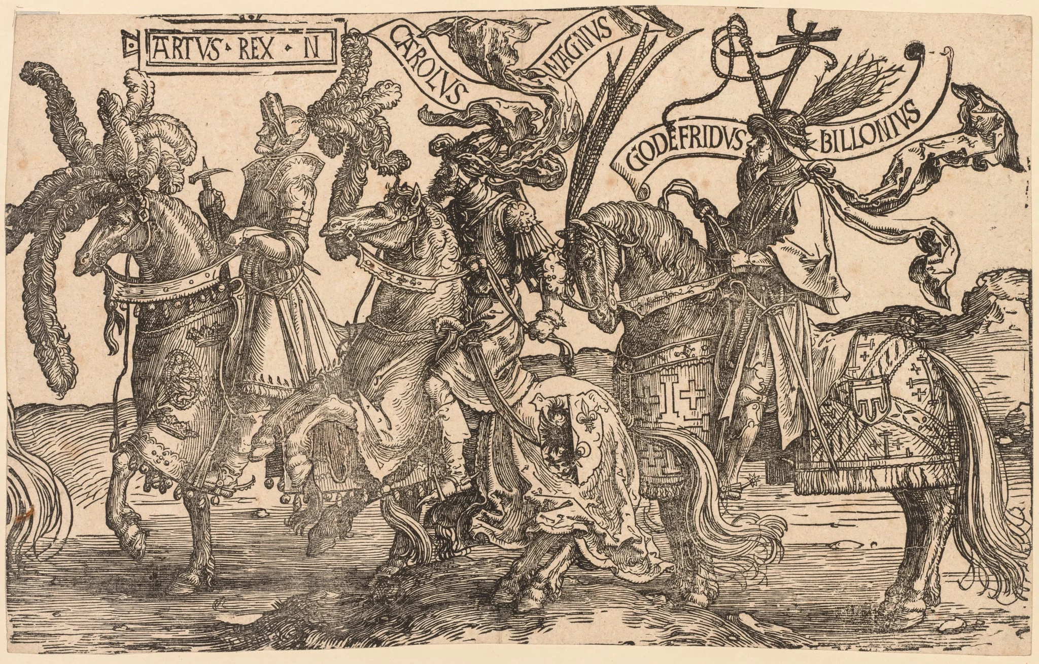 The Nine Heroes:  Arthur, Charles the Great (Charlemagne), Godfrey of Bouillon