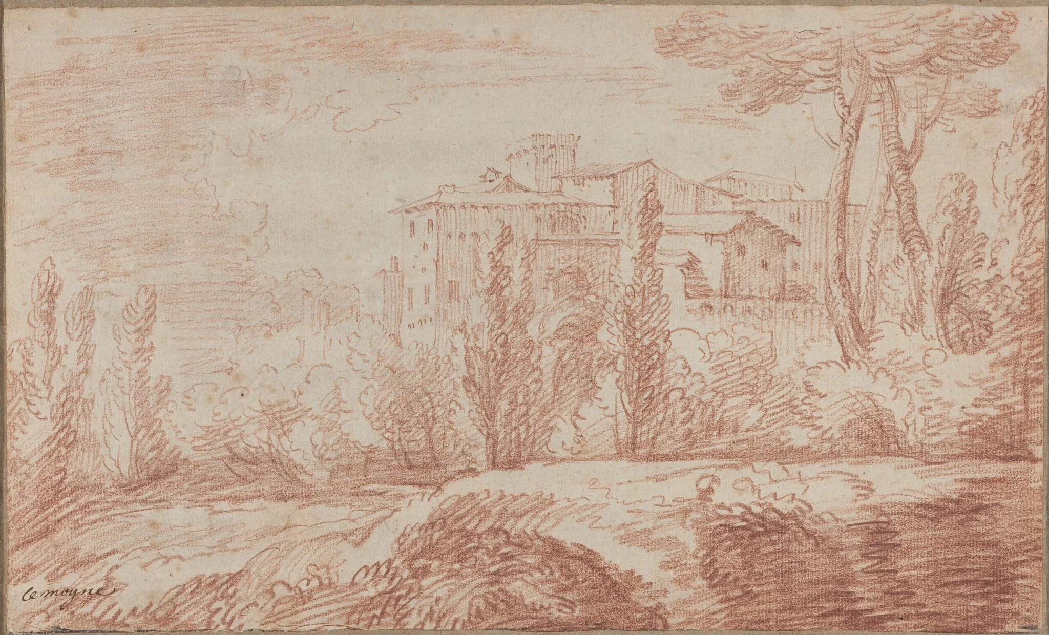 An Italian Walled Town Seen through Trees, by François Le Moyne, chalk, 1724