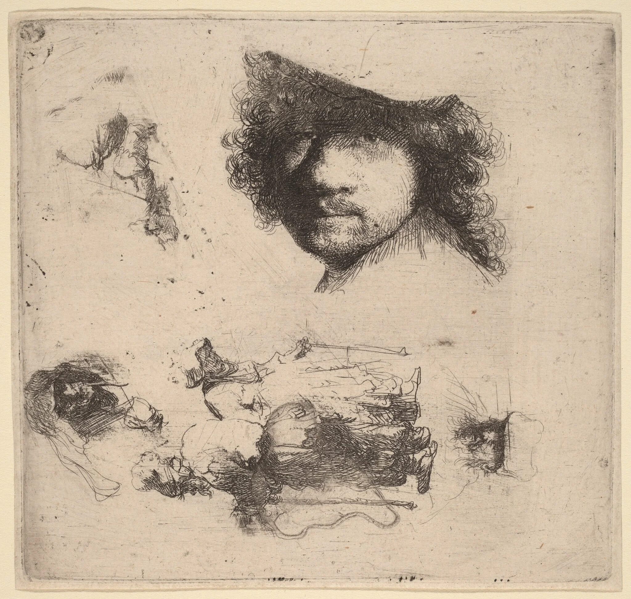 Sheet of Studies including Head of the Artist, a Beggar Couple, Heads of an Old Man and Old Woman, by Rembrandt, ink, 1632