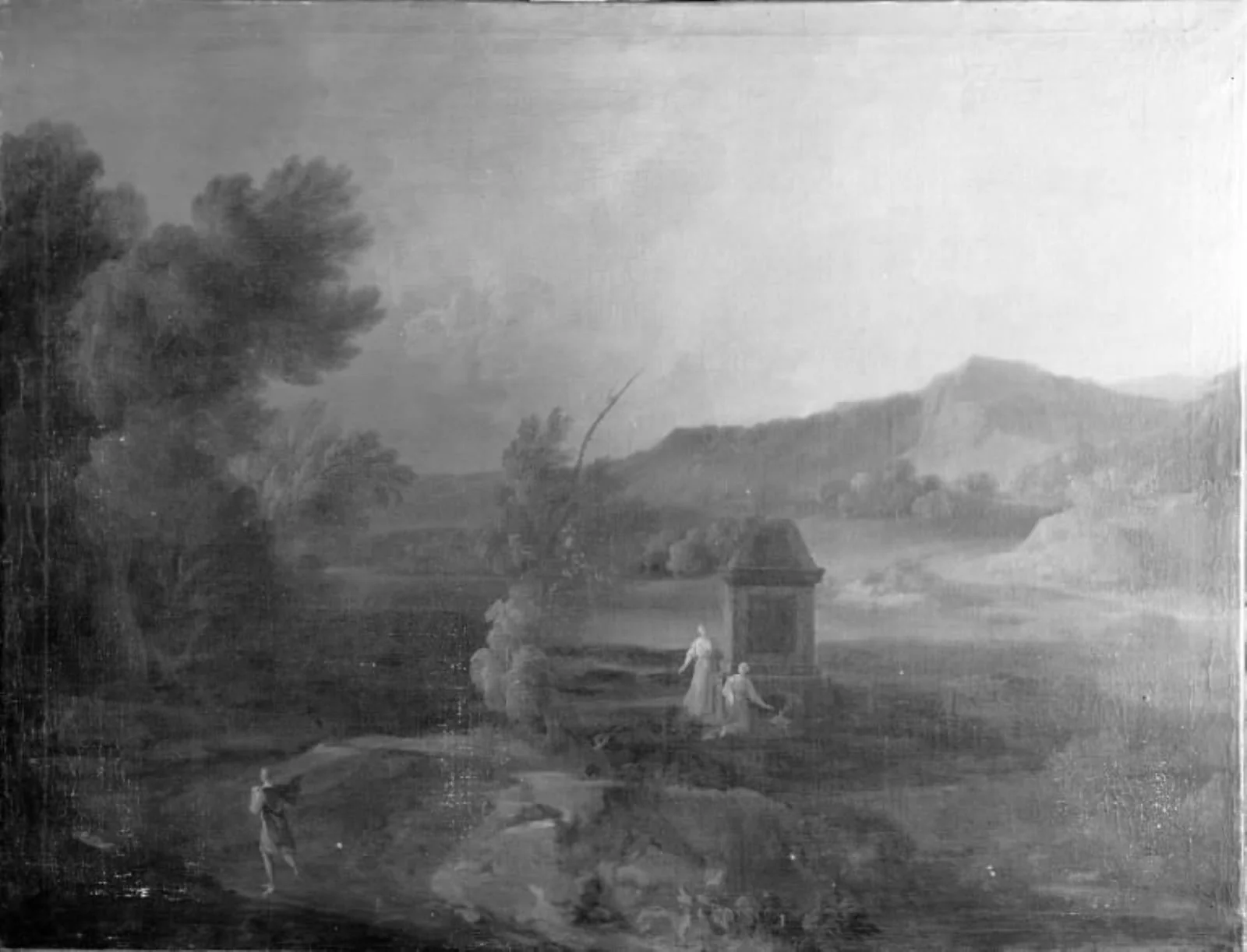 Et landskab med bjerge, en flod og et stort monument, by Unknown, 1750