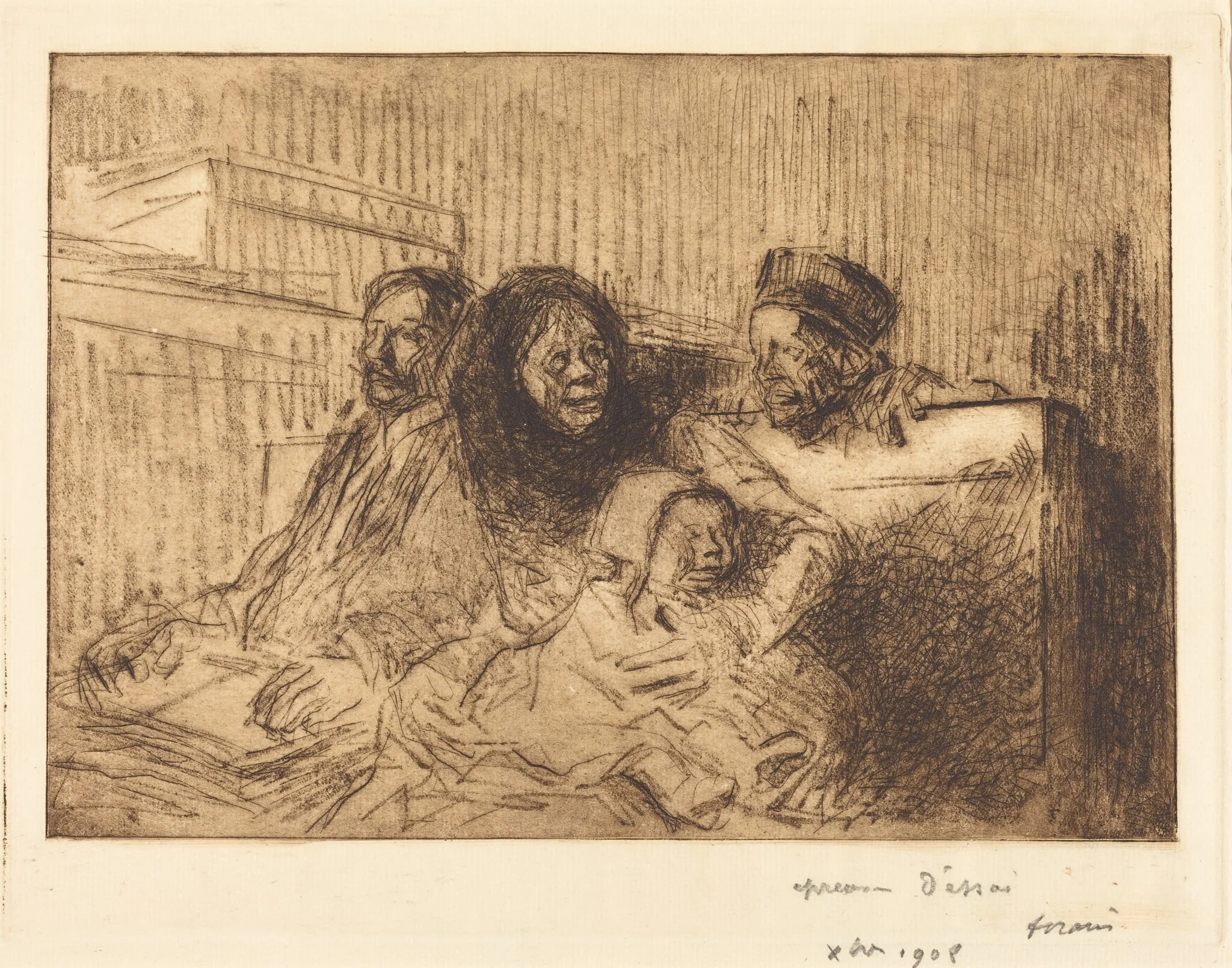 Témoins à l'audience (2e planche) (Evidence at the Hearing) (second plate), by Jean-Louis Forain, ink, 1908