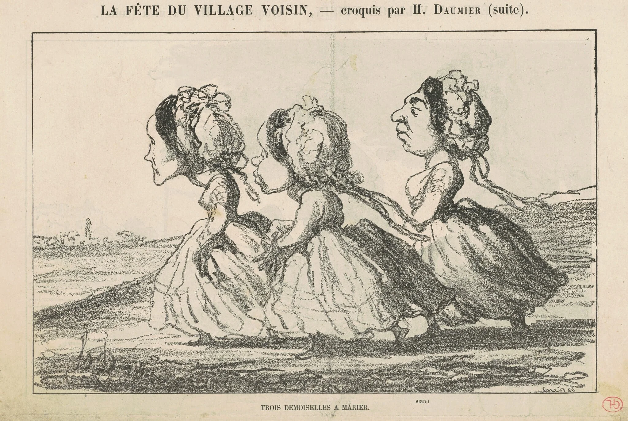 Trois demoiselles à marier (recto); Famille bourgeoise convaincue ... (verso), by Honoré Daumier, ink, 1865