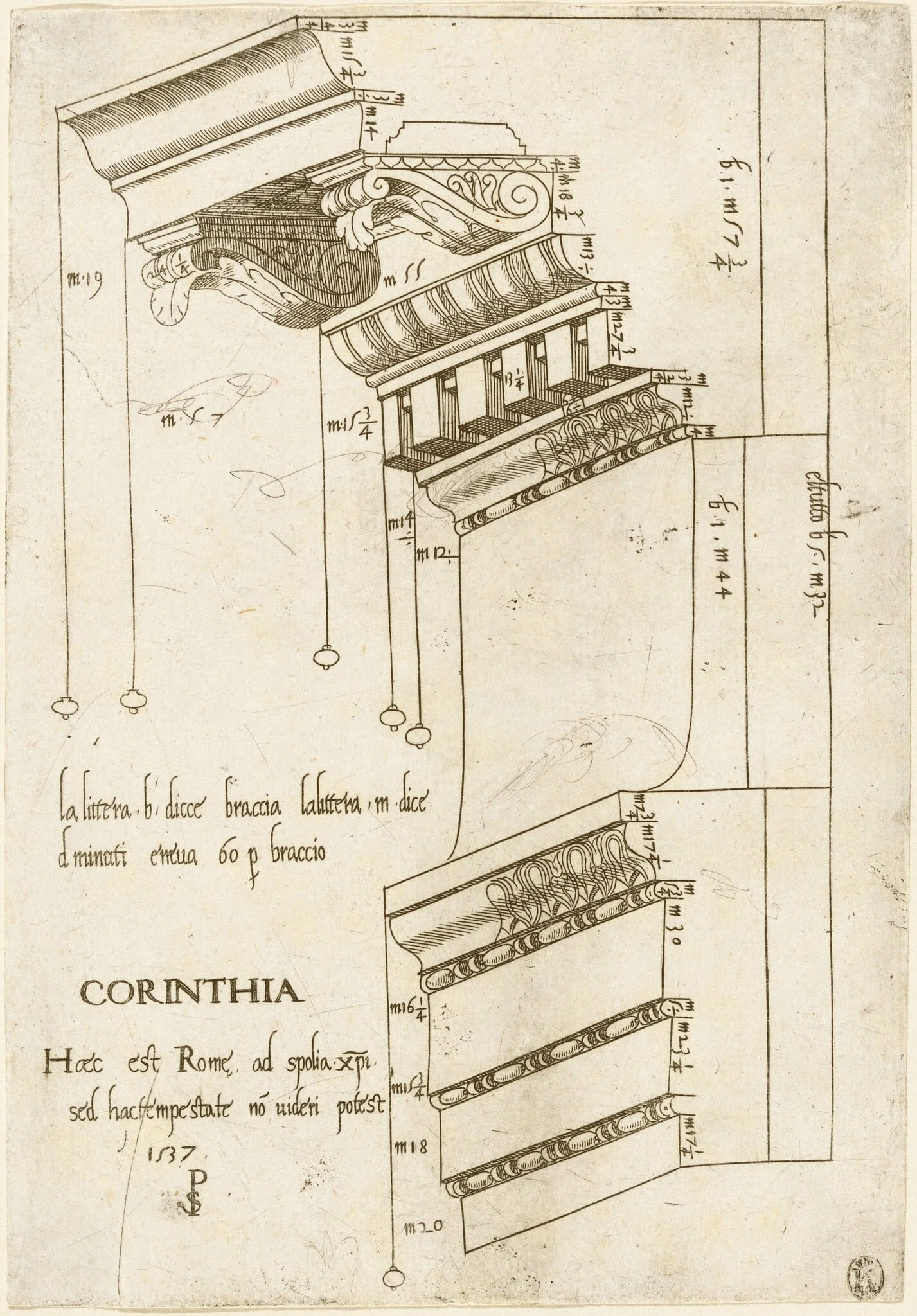 Entablature from the Basilica Ulpia, Rome, by Pseudo-Pier Francesco Fiorentino, ink, 1537