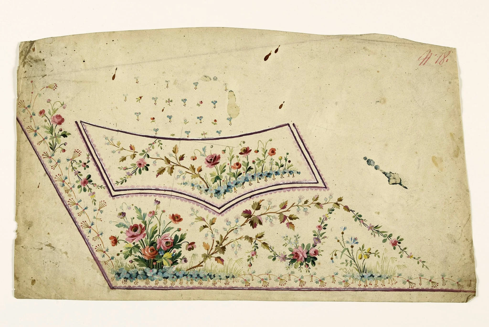 Composition avec bouquet et guirlandes de fleurs et branches de feuilles et de baies bleues, projets de broderies de gilet, XVIIIème siècle