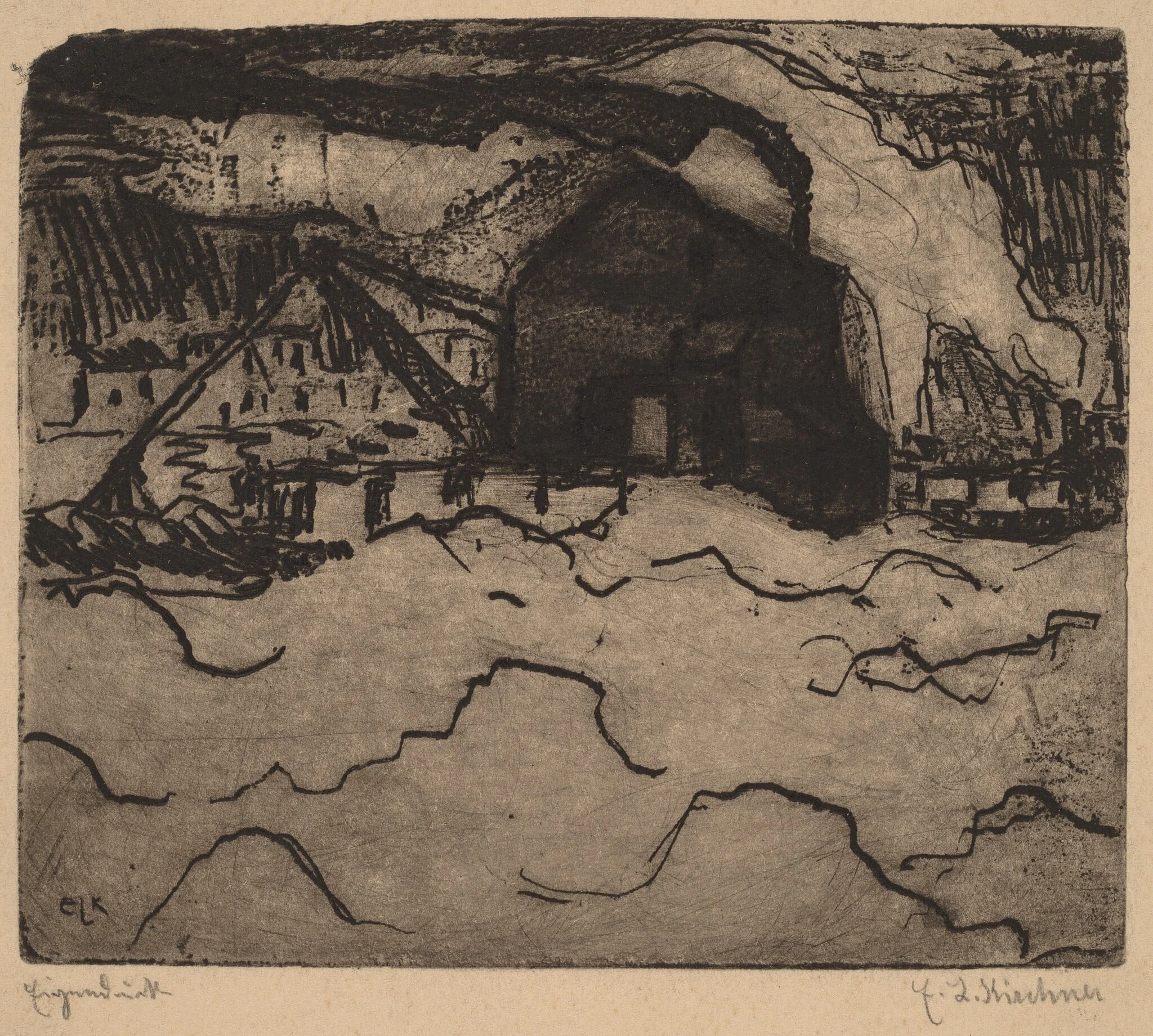 Sand Dredgers on the Elbe, by Ernst Ludwig Kirchner, ink, 1906