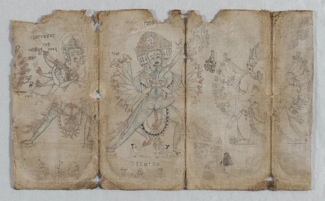 Iconographic Drawings: Chakrashamvara with Vajravarahi, Hevajra with Nairatmya, and Yamantaka (verso)