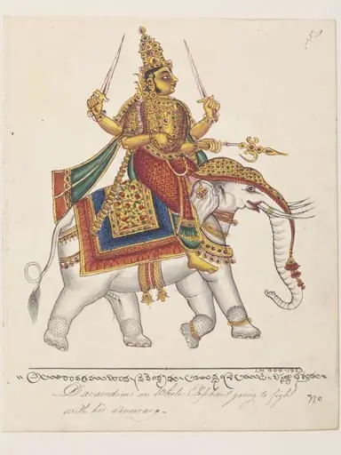 Indra, chief of the gods and the guardian of the east, on his elephant, Airavata.